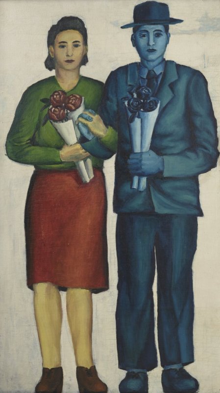 Andrzej Wróblewski, Wedding Photograph, (Married Couple with a Bouquet); 1949, oil, canvas, 119 × 69 cm, Starak Collection © Andrzej Wróblewski Foundation / www.andrzejwroblewski.pl