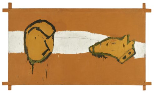 Włodzimierz Pawlak,  Chwila w której człowiek i pies czują ten sam ból istnienia, 1986,  olej, płótno, 111 x 200 cm | Starak Collection